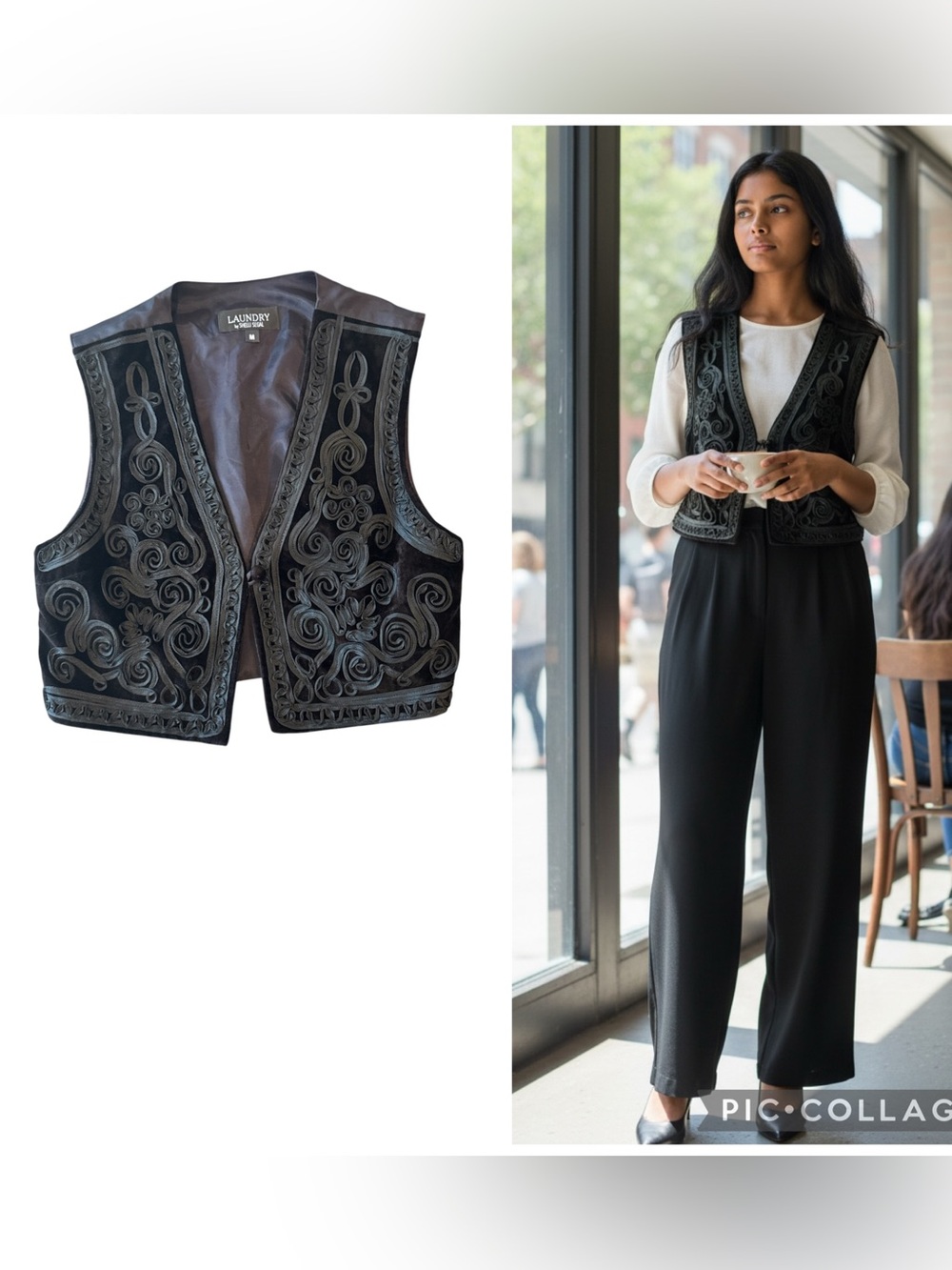 Vintage Laundry by Shelli Segal Black Velvet Ribbon Embroidered Vest Size M